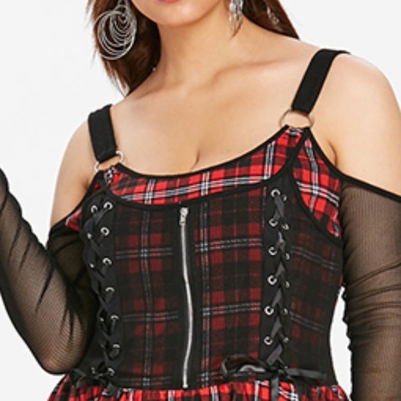 ♠ Plus Size Goth Punk Lace Up Plaid Dress ♠ - Picture 5 of 8